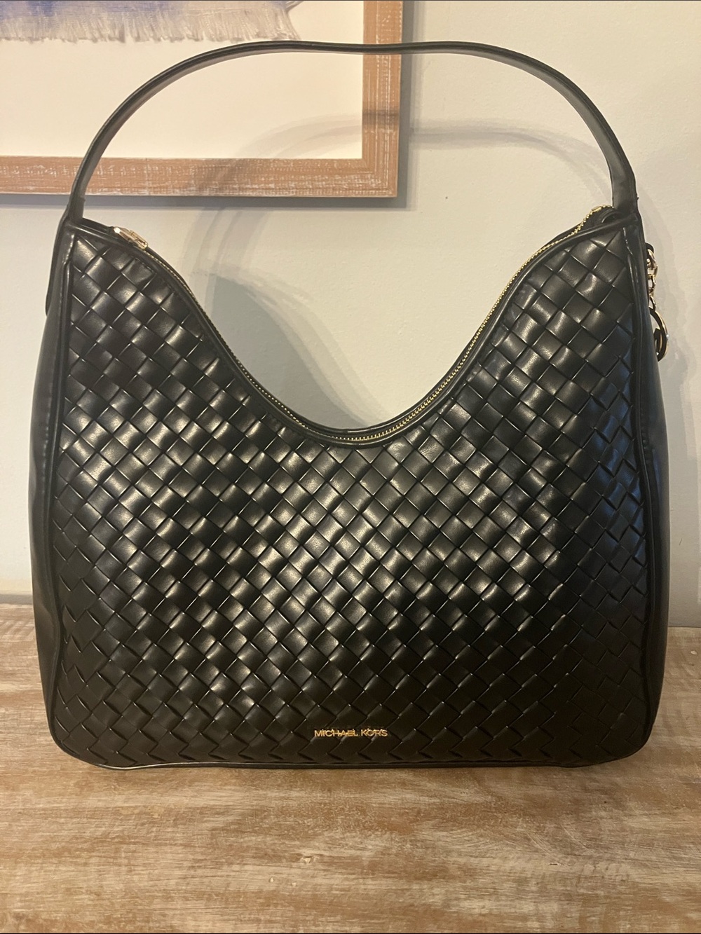 Michael Kors Black Woven Hobo Shoulder Bag with Gold Accents